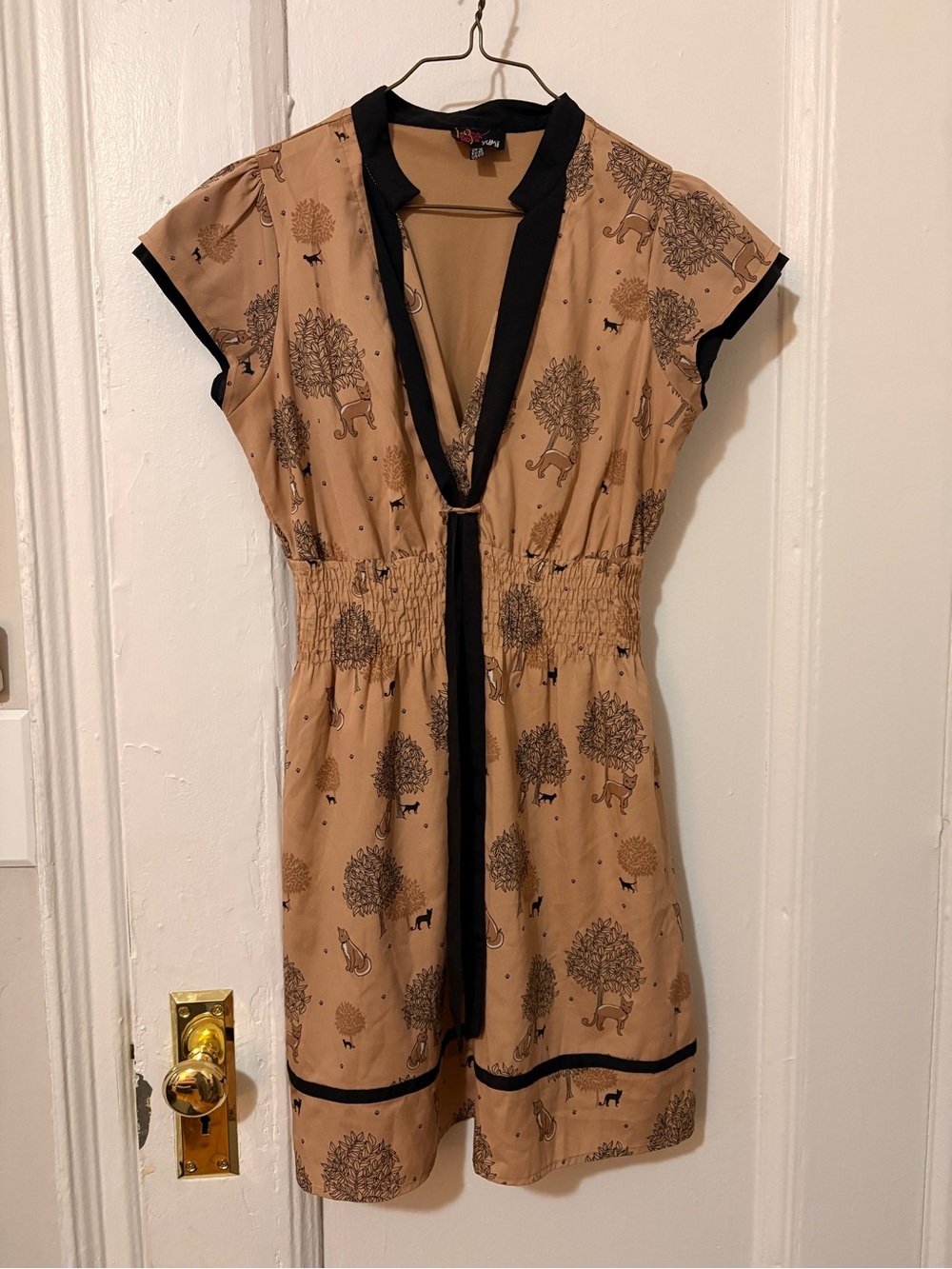 Women’s Light Orange Tree and Cat Print Dress with Black Trim - Size 6/8
